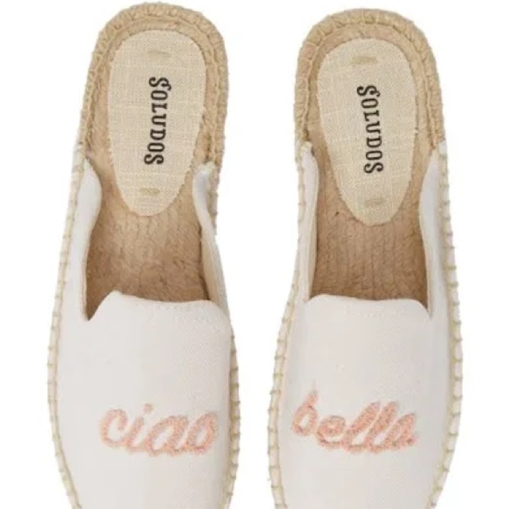 Soludos Women's Ciao Bella Cream Espadrille Mules with Pink Embroidery
